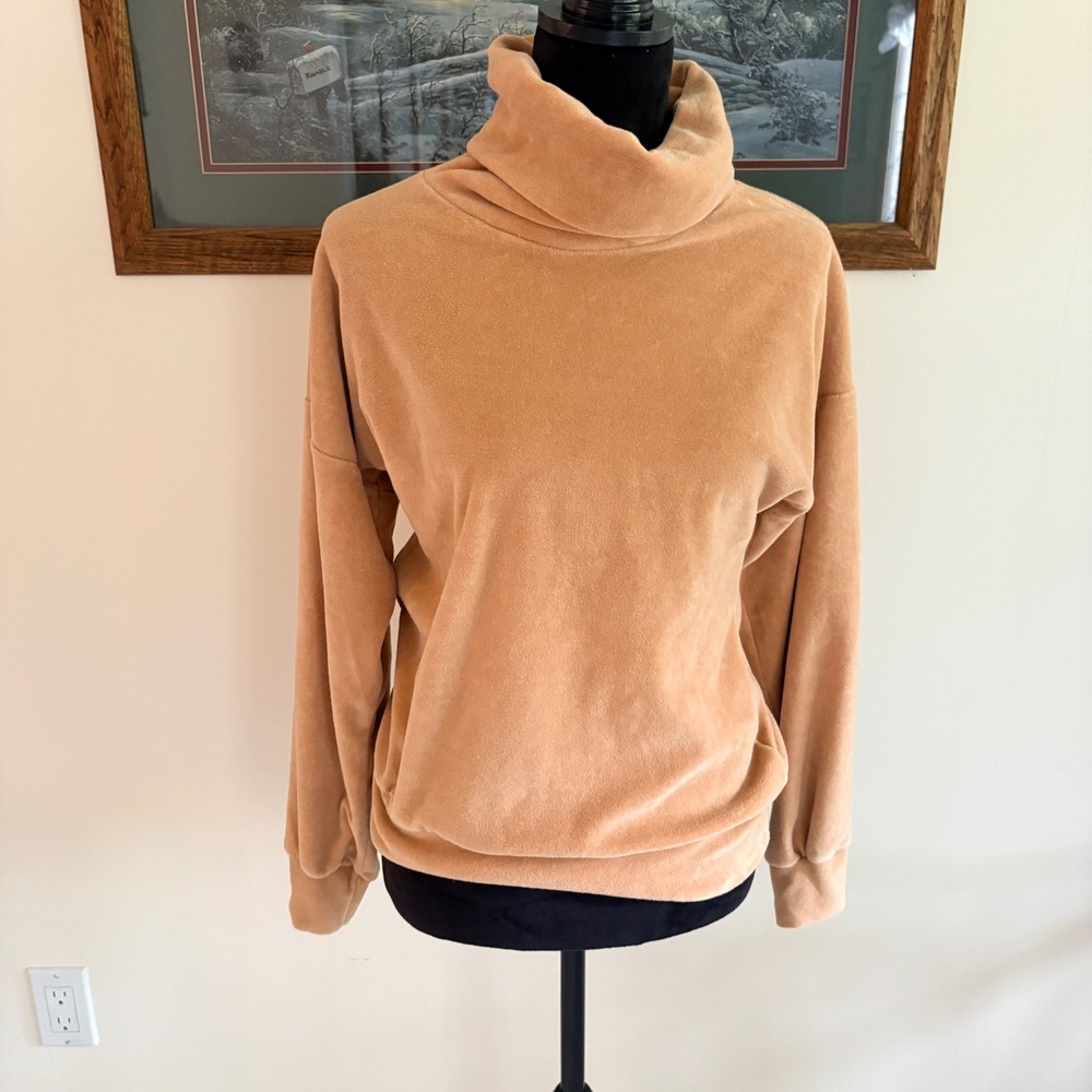 Paw-Tee Velour Turtleneck Sweatshirt Womens Medium Tan Vintage Relaxed Pullover